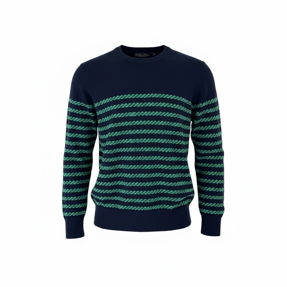 Brooks Brothers Mens Navy Blue Green Rope Stripe Cotton Crewneck Sweater Large